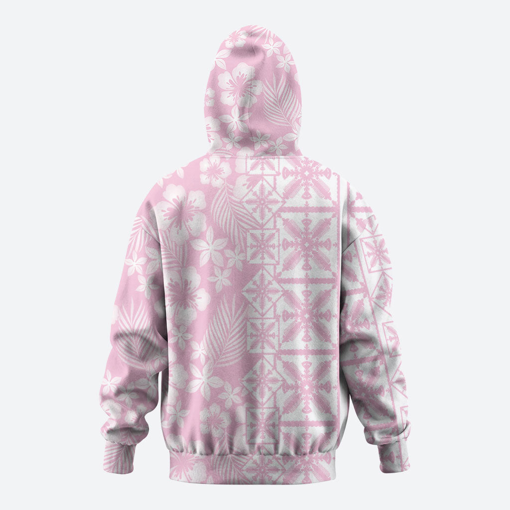 Pastel Pink Kahili Quilt Hawaii Zip Hoodie Tropical Flower Seamless Half Style