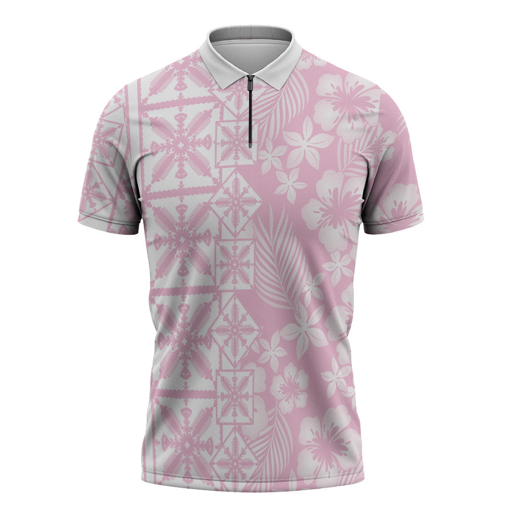 Pastel Pink Kahili Quilt Hawaii Zipper Polo Shirt Tropical Flower Seamless Half Style LT14 Pink - Polynesian Pride