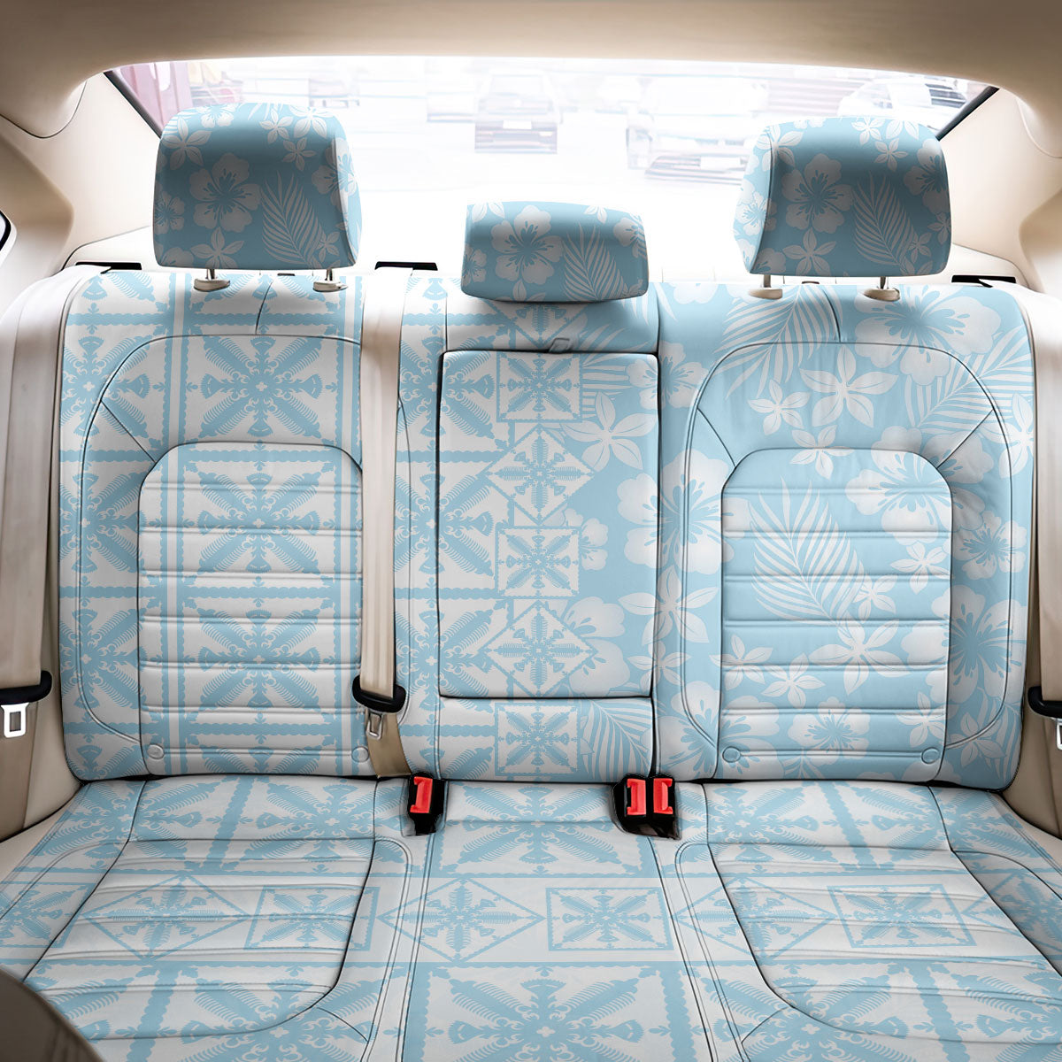 Pastel Blue Kahili Quilt Hawaii Back Car Seat Cover Tropical Flower Seamless Half Style