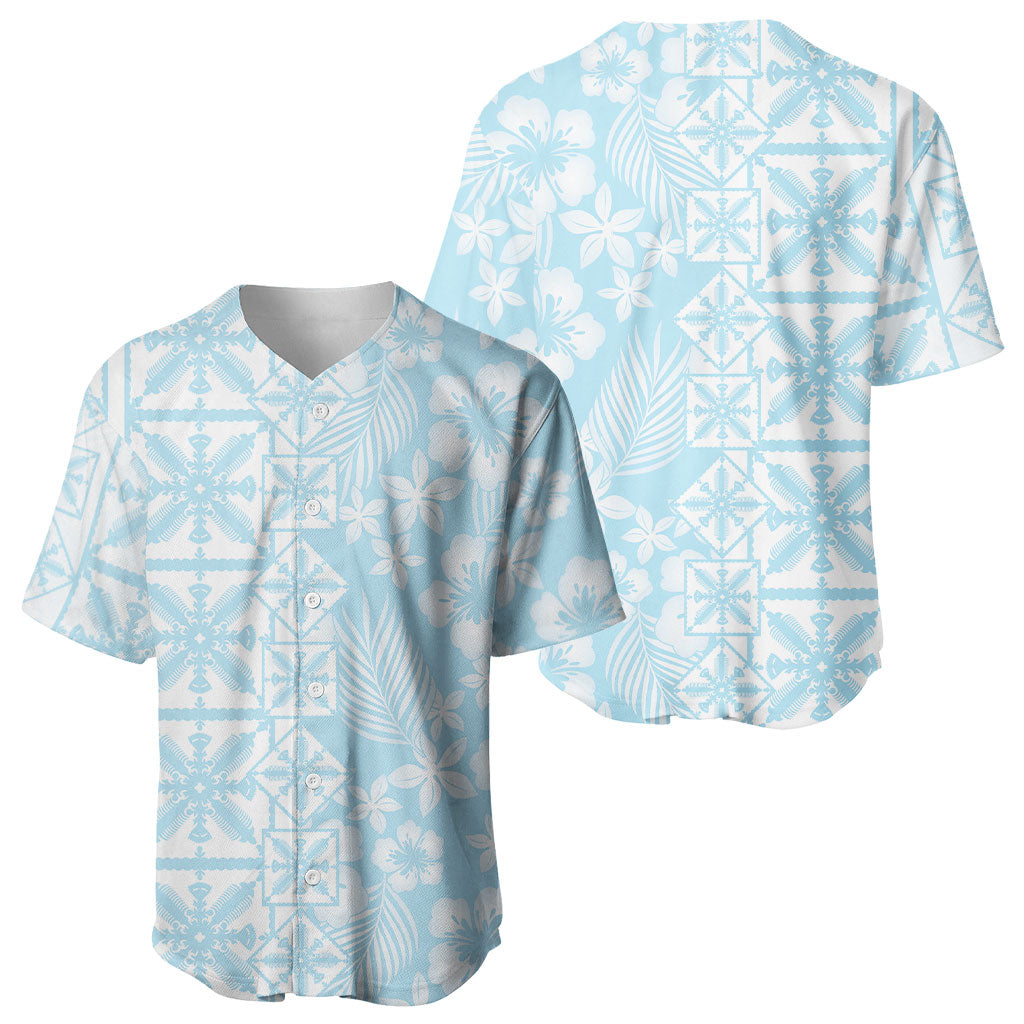 Pastel Blue Kahili Quilt Hawaii Baseball Jersey Tropical Flower Seamless Half Style