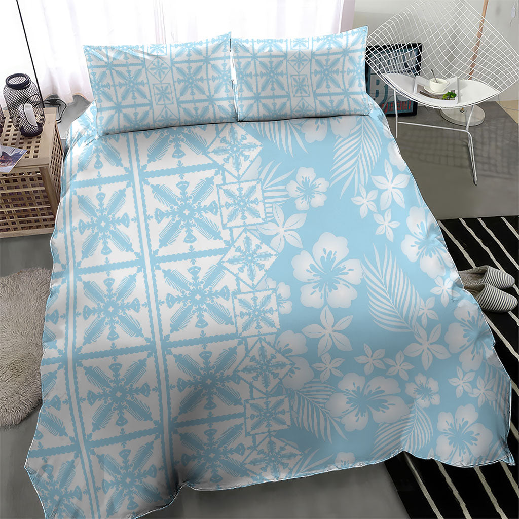 Pastel Blue Kahili Quilt Hawaii Bedding Set Tropical Flower Seamless Half Style