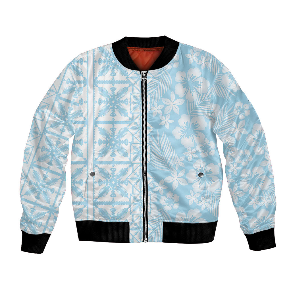 Pastel Blue Kahili Quilt Hawaii Bomber Jacket Tropical Flower Seamless Half Style LT14 Unisex Blue - Polynesian Pride