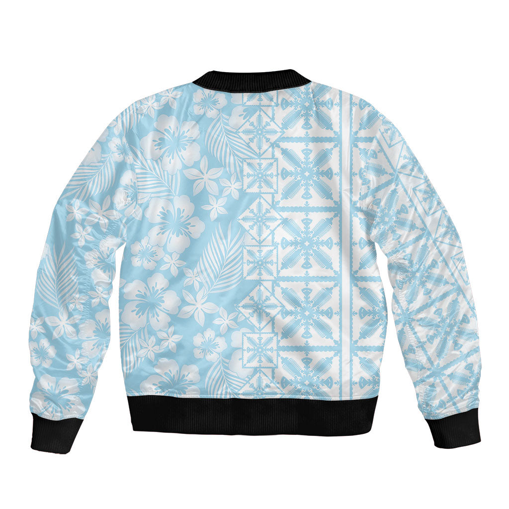 Pastel Blue Kahili Quilt Hawaii Bomber Jacket Tropical Flower Seamless Half Style