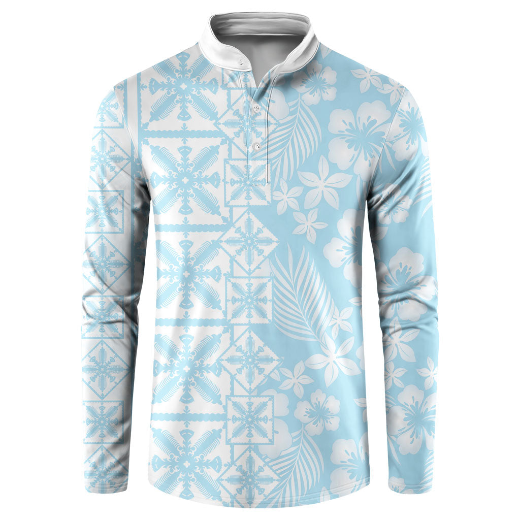 Pastel Blue Kahili Quilt Hawaii Button Sweatshirt Tropical Flower Seamless Half Style