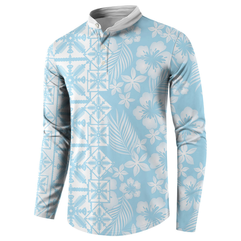 Pastel Blue Kahili Quilt Hawaii Button Sweatshirt Tropical Flower Seamless Half Style