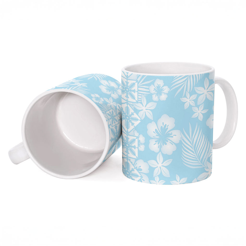 Pastel Blue Kahili Quilt Hawaii Ceramic Mug Tropical Flower Seamless Half Style