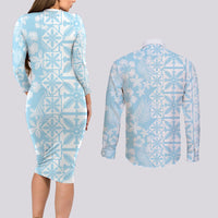 Pastel Blue Kahili Quilt Hawaii Couples Matching Long Sleeve Bodycon Dress and Long Sleeve Button Shirt Tropical Flower Seamless Half Style