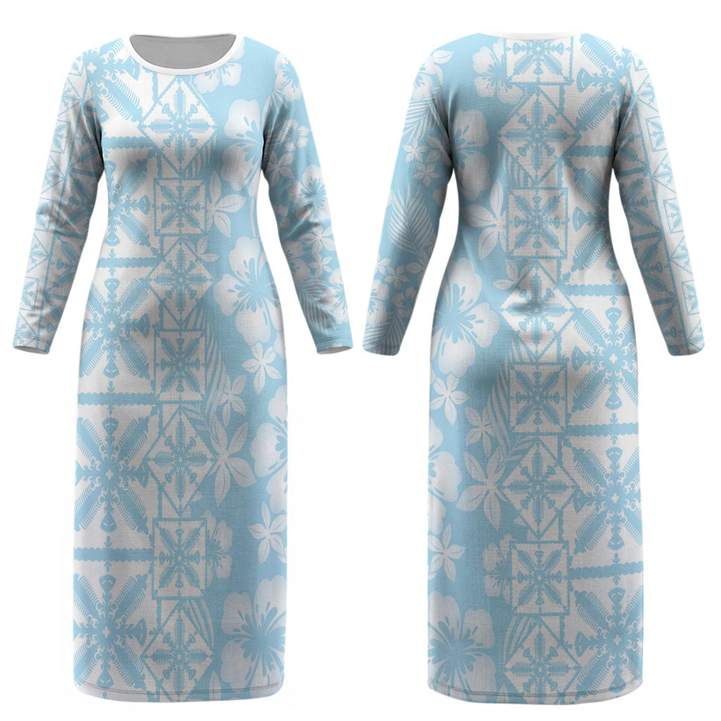 Pastel Blue Kahili Quilt Hawaii Couples Matching Long Sleeve Bodycon Dress and Long Sleeve Button Shirt Tropical Flower Seamless Half Style LT14 - Polynesian Pride