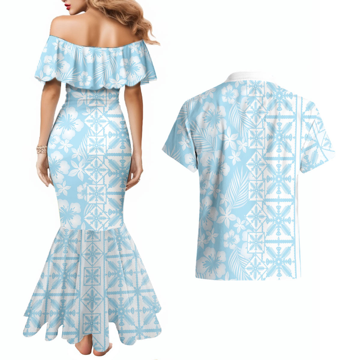 Pastel Blue Kahili Quilt Hawaii Couples Matching Mermaid Dress and Hawaiian Shirt Tropical Flower Seamless Half Style