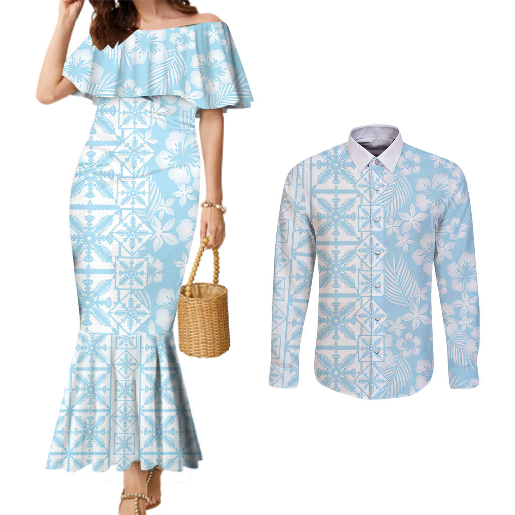 Pastel Blue Kahili Quilt Hawaii Couples Matching Mermaid Dress and Long Sleeve Button Shirt Tropical Flower Seamless Half Style