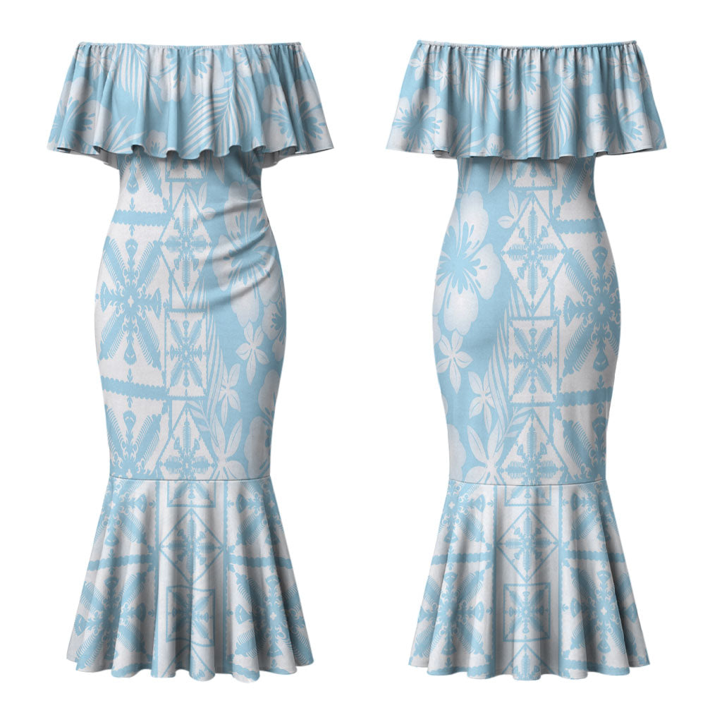 Pastel Blue Kahili Quilt Hawaii Couples Matching Mermaid Dress and Long Sleeve Button Shirt Tropical Flower Seamless Half Style LT14 - Polynesian Pride
