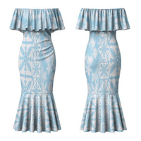 Pastel Blue Kahili Quilt Hawaii Couples Matching Mermaid Dress and Long Sleeve Button Shirt Tropical Flower Seamless Half Style LT14 - Polynesian Pride