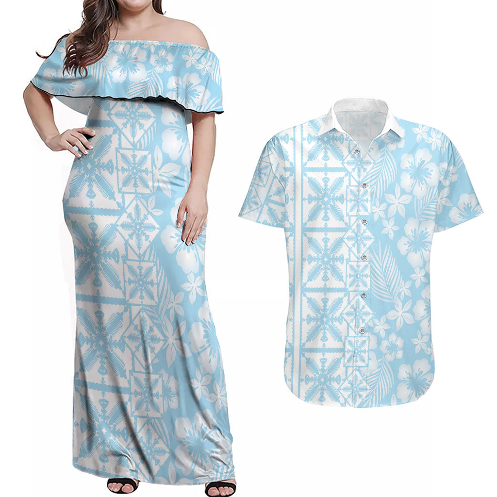 Pastel Blue Kahili Quilt Hawaii Couples Matching Off Shoulder Maxi Dress and Hawaiian Shirt Tropical Flower Seamless Half Style