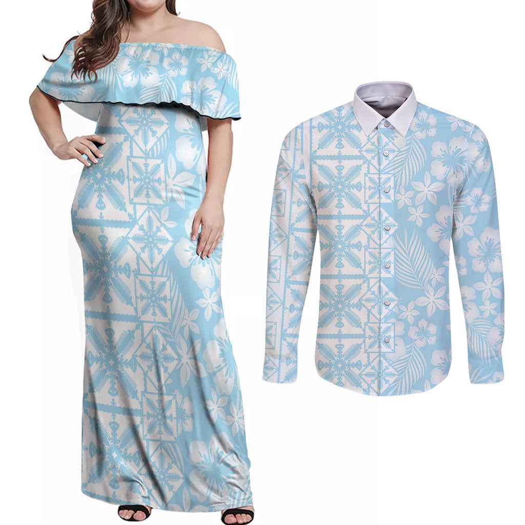 Pastel Blue Kahili Quilt Hawaii Couples Matching Off Shoulder Maxi Dress and Long Sleeve Button Shirt Tropical Flower Seamless Half Style