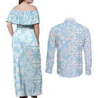 Pastel Blue Kahili Quilt Hawaii Couples Matching Off Shoulder Maxi Dress and Long Sleeve Button Shirt Tropical Flower Seamless Half Style