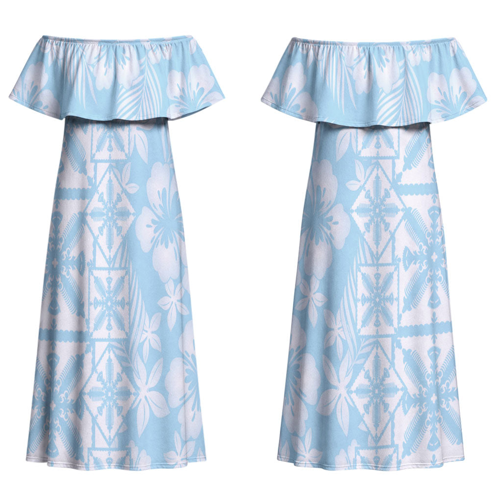 Pastel Blue Kahili Quilt Hawaii Couples Matching Off Shoulder Maxi Dress and Long Sleeve Button Shirt Tropical Flower Seamless Half Style LT14 - Polynesian Pride
