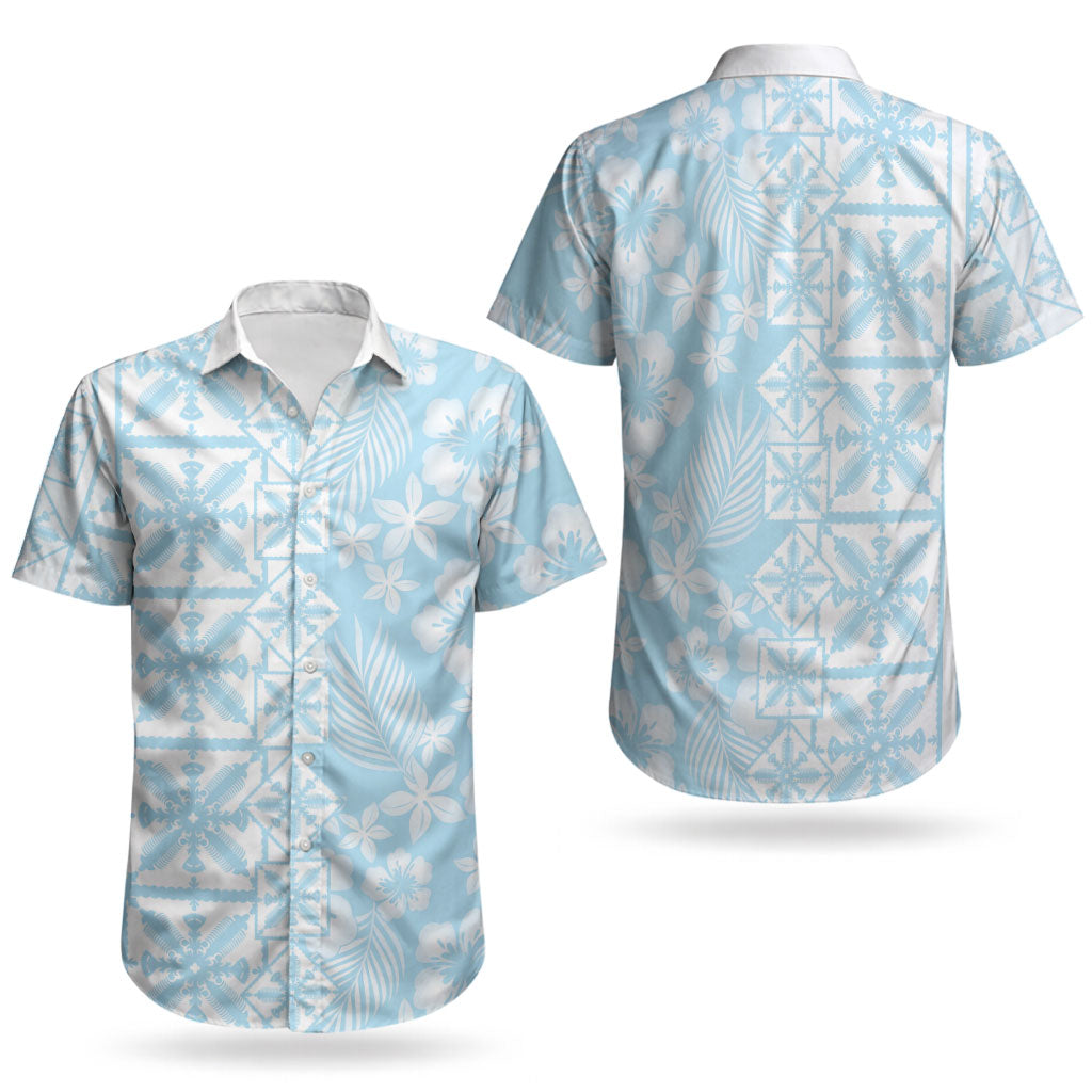 Pastel Blue Kahili Quilt Hawaii Couples Matching Off Shoulder Short Dress and Hawaiian Shirt Tropical Flower Seamless Half Style LT14 - Polynesian Pride