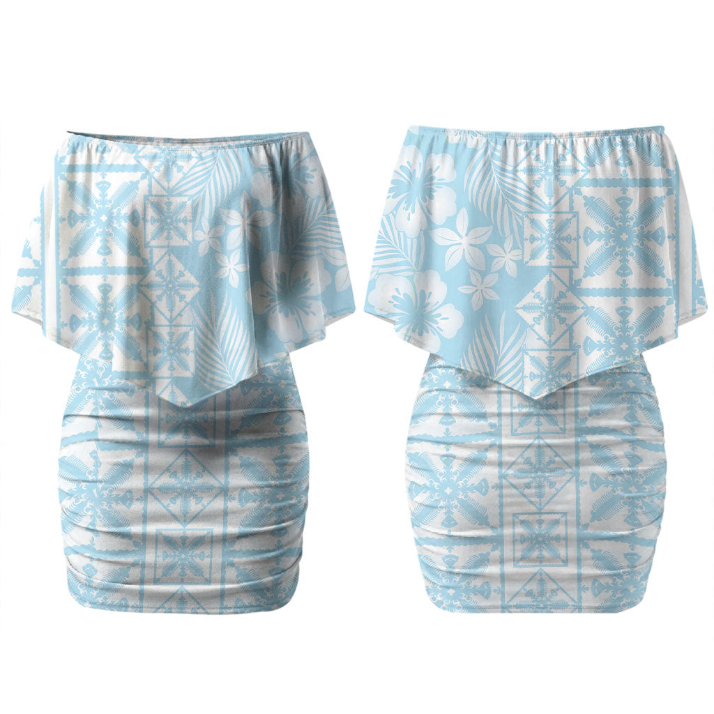 Pastel Blue Kahili Quilt Hawaii Couples Matching Off Shoulder Short Dress and Long Sleeve Button Shirt Tropical Flower Seamless Half Style LT14 - Polynesian Pride