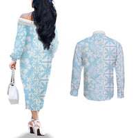 Pastel Blue Kahili Quilt Hawaii Couples Matching Off The Shoulder Long Sleeve Dress and Long Sleeve Button Shirt Tropical Flower Seamless Half Style