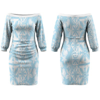 Pastel Blue Kahili Quilt Hawaii Couples Matching Off The Shoulder Long Sleeve Dress and Long Sleeve Button Shirt Tropical Flower Seamless Half Style LT14 - Polynesian Pride