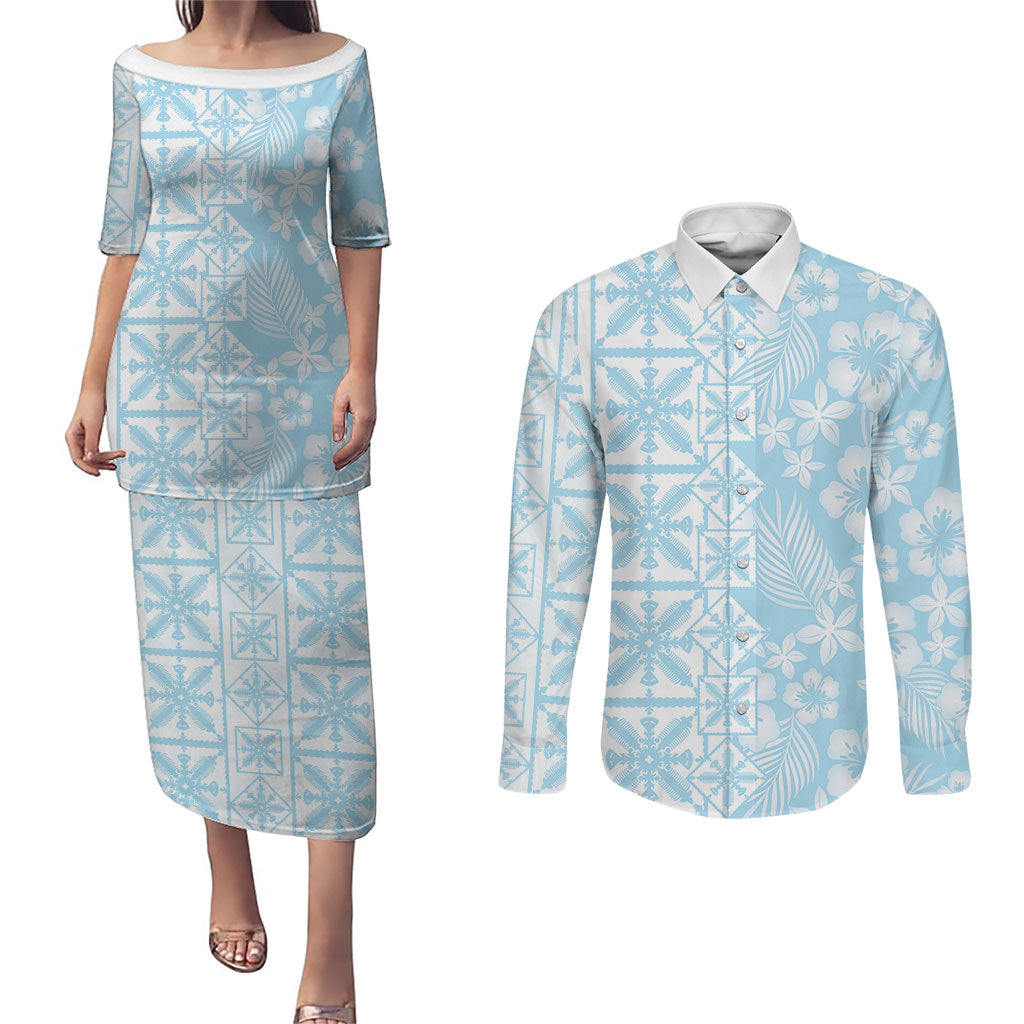 Pastel Blue Kahili Quilt Hawaii Couples Matching Puletasi and Long Sleeve Button Shirt Tropical Flower Seamless Half Style LT14 Blue - Polynesian Pride