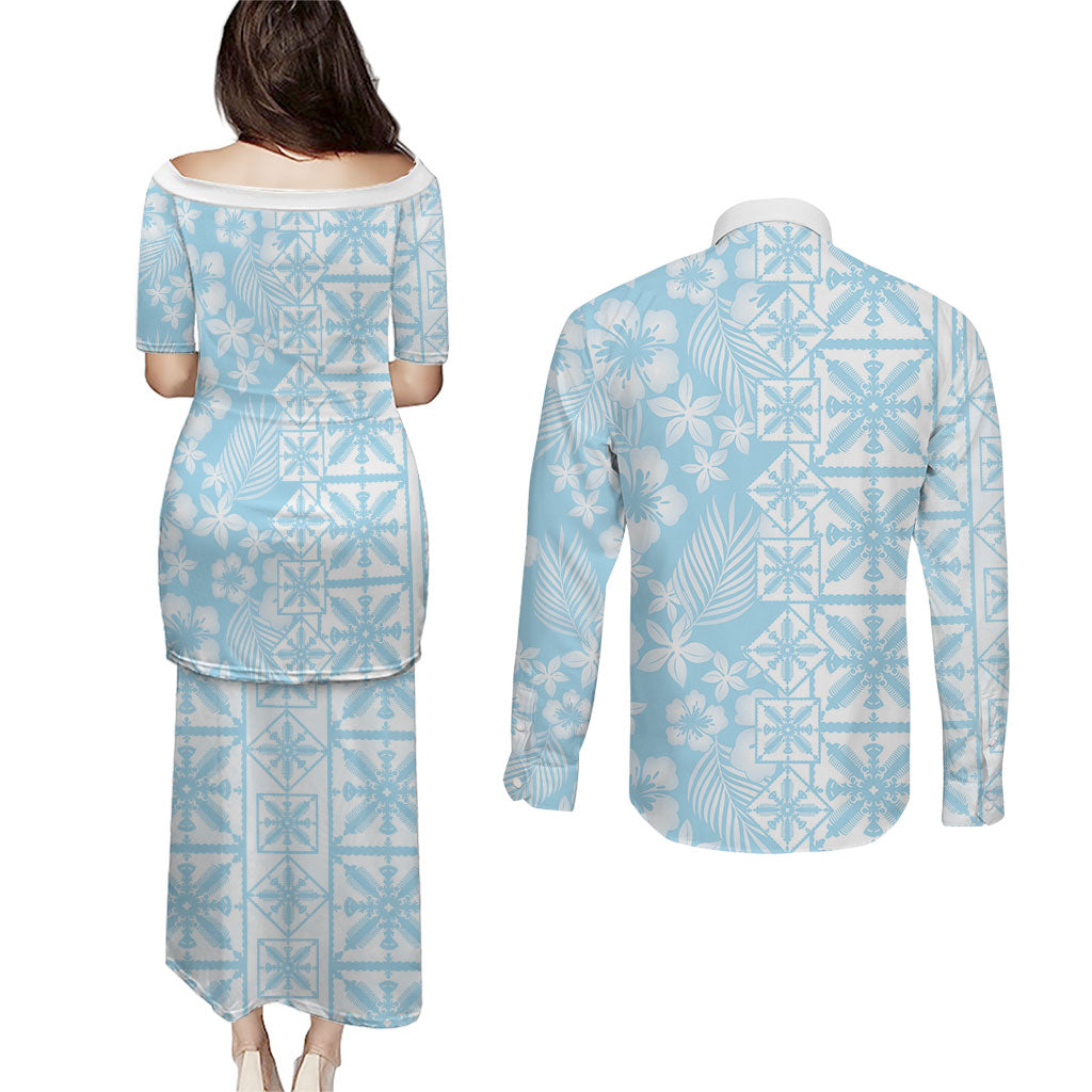 Pastel Blue Kahili Quilt Hawaii Couples Matching Puletasi and Long Sleeve Button Shirt Tropical Flower Seamless Half Style