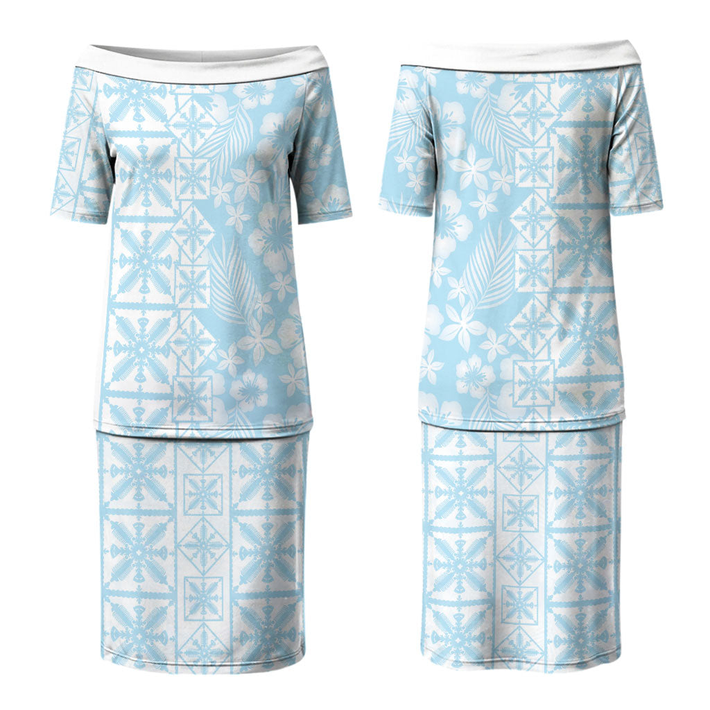 Pastel Blue Kahili Quilt Hawaii Couples Matching Puletasi and Long Sleeve Button Shirt Tropical Flower Seamless Half Style LT14 - Polynesian Pride