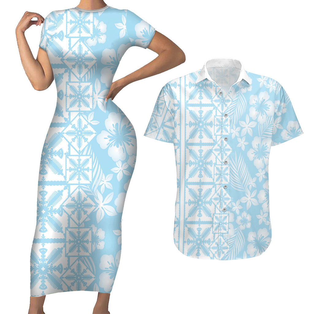 Pastel Blue Kahili Quilt Hawaii Couples Matching Short Sleeve Bodycon Dress and Hawaiian Shirt Tropical Flower Seamless Half Style