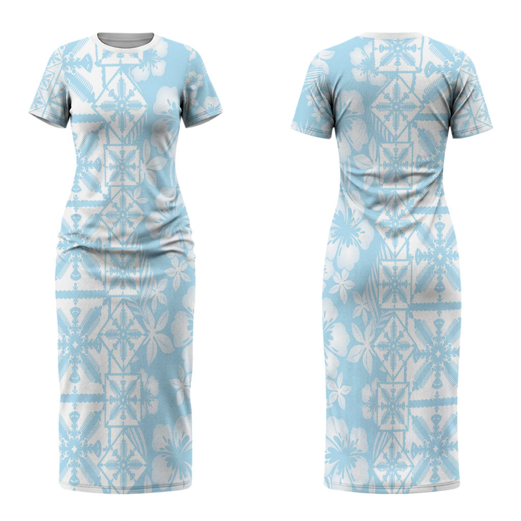 Pastel Blue Kahili Quilt Hawaii Couples Matching Short Sleeve Bodycon Dress and Long Sleeve Button Shirt Tropical Flower Seamless Half Style LT14 - Polynesian Pride