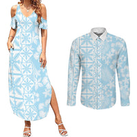 Pastel Blue Kahili Quilt Hawaii Couples Matching Summer Maxi Dress and Long Sleeve Button Shirt Tropical Flower Seamless Half Style