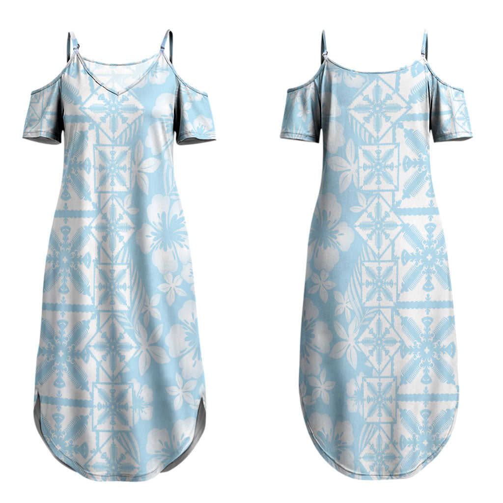 Pastel Blue Kahili Quilt Hawaii Couples Matching Summer Maxi Dress and Long Sleeve Button Shirt Tropical Flower Seamless Half Style LT14 - Polynesian Pride