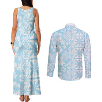 Pastel Blue Kahili Quilt Hawaii Couples Matching Tank Maxi Dress and Long Sleeve Button Shirt Tropical Flower Seamless Half Style