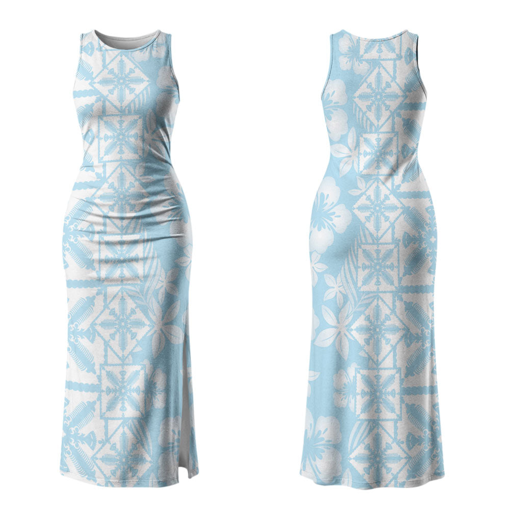 Pastel Blue Kahili Quilt Hawaii Couples Matching Tank Maxi Dress and Long Sleeve Button Shirt Tropical Flower Seamless Half Style LT14 - Polynesian Pride