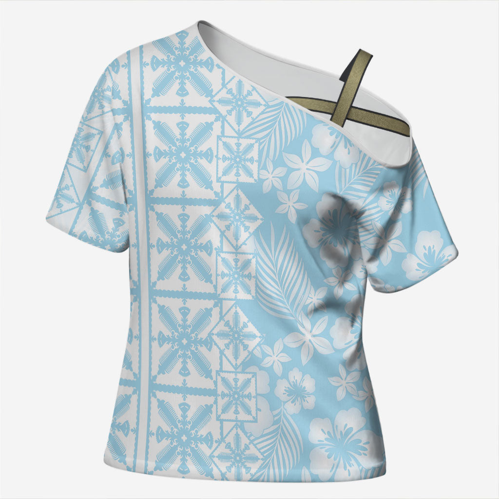 Pastel Blue Kahili Quilt Hawaii Cross Shoulder Shirt Tropical Flower Seamless Half Style