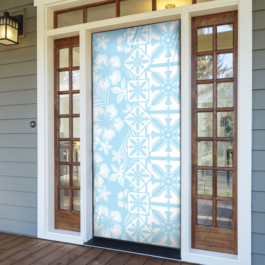 Pastel Blue Kahili Quilt Hawaii Door Cover Tropical Flower Seamless Half Style
