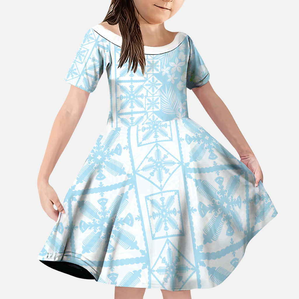Pastel Blue Kahili Quilt Hawaii Family Matching Long Sleeve Bodycon Dress and Hawaiian Shirt Tropical Flower Seamless Half Style