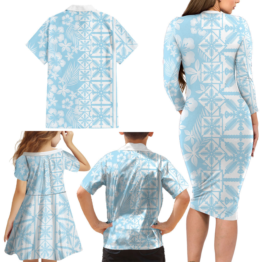 Pastel Blue Kahili Quilt Hawaii Family Matching Long Sleeve Bodycon Dress and Hawaiian Shirt Tropical Flower Seamless Half Style