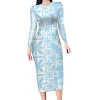 Pastel Blue Kahili Quilt Hawaii Family Matching Long Sleeve Bodycon Dress and Hawaiian Shirt Tropical Flower Seamless Half Style