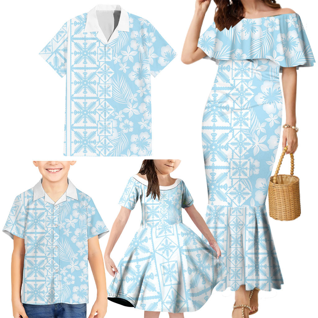 Pastel Blue Kahili Quilt Hawaii Family Matching Mermaid Dress and Hawaiian Shirt Tropical Flower Seamless Half Style LT14 - Polynesian Pride