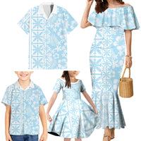 Pastel Blue Kahili Quilt Hawaii Family Matching Mermaid Dress and Hawaiian Shirt Tropical Flower Seamless Half Style