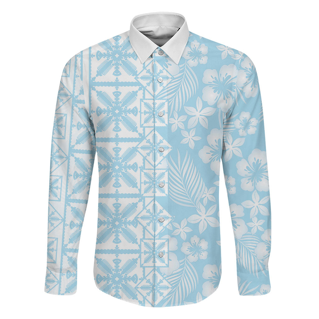 Pastel Blue Kahili Quilt Hawaii Family Matching Mermaid Dress and Hawaiian Shirt Tropical Flower Seamless Half Style