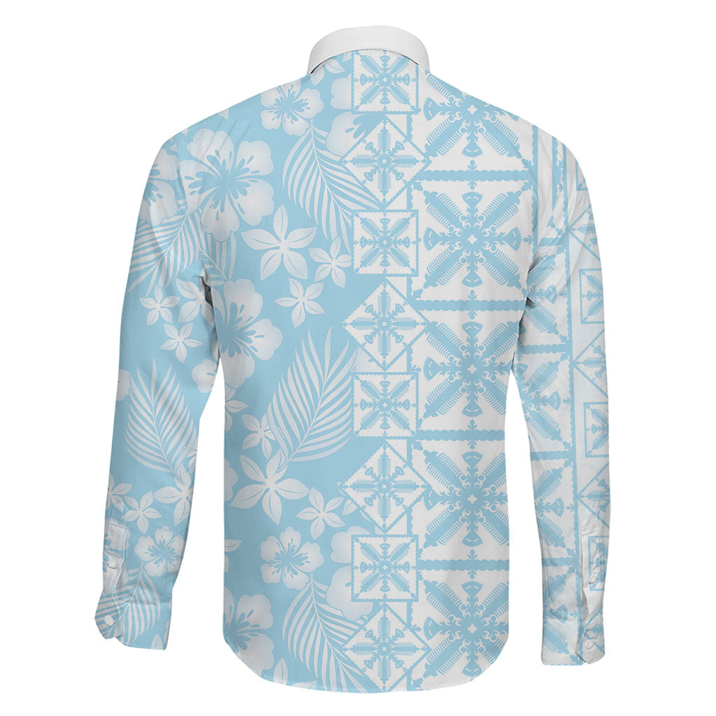 Pastel Blue Kahili Quilt Hawaii Family Matching Mermaid Dress and Hawaiian Shirt Tropical Flower Seamless Half Style
