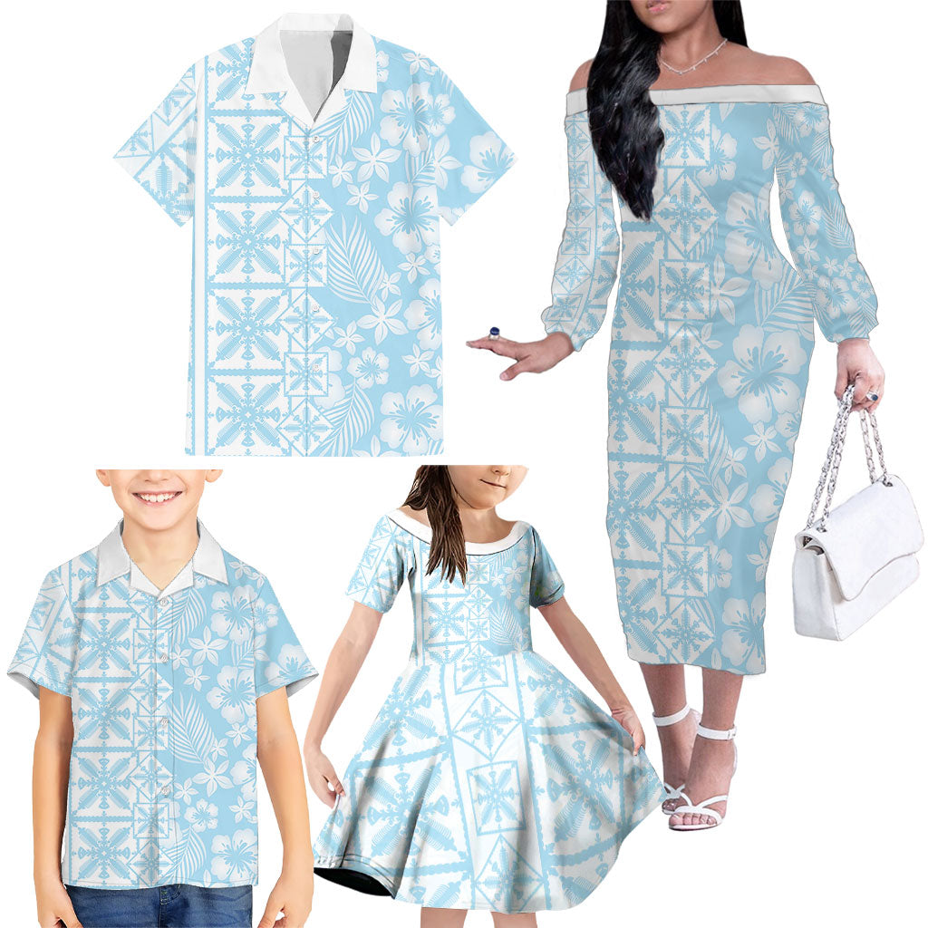 Pastel Blue Kahili Quilt Hawaii Family Matching Off The Shoulder Long Sleeve Dress and Hawaiian Shirt Tropical Flower Seamless Half Style
