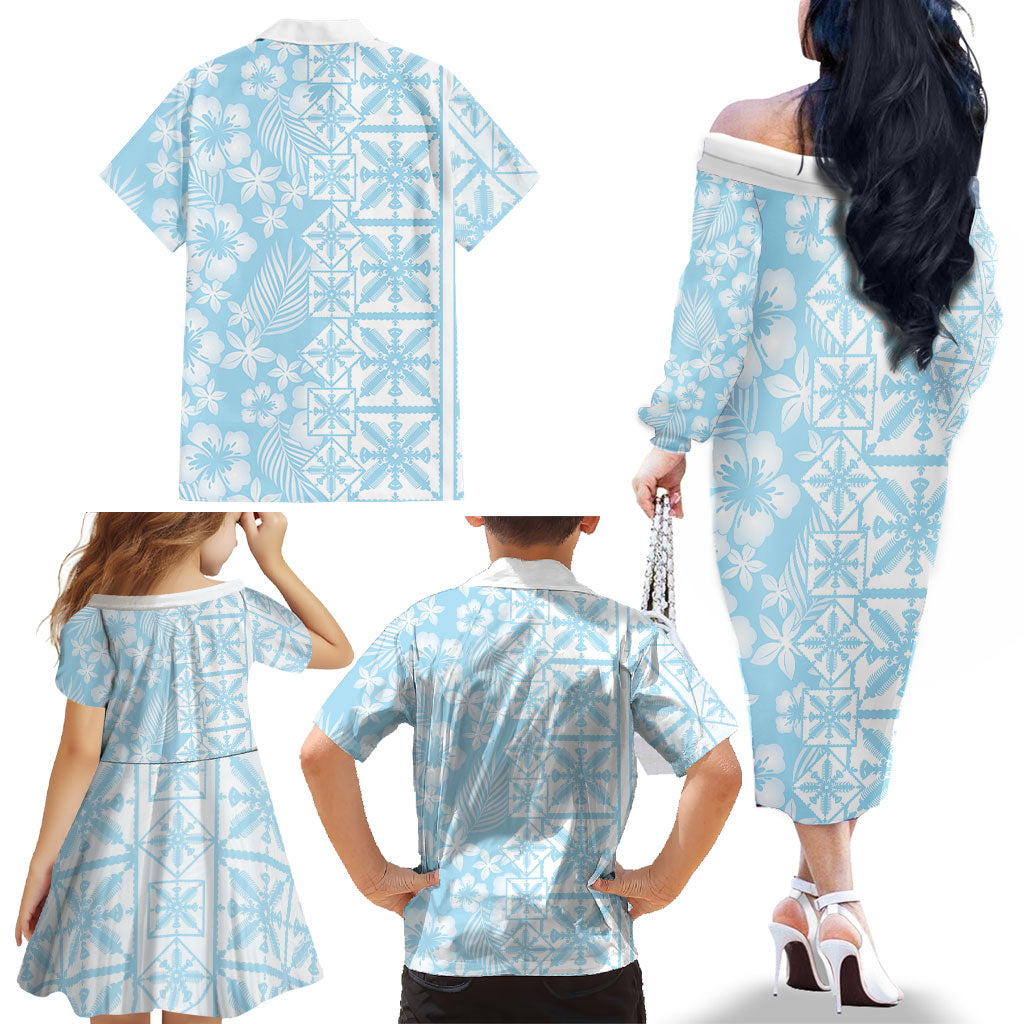 Pastel Blue Kahili Quilt Hawaii Family Matching Off The Shoulder Long Sleeve Dress and Hawaiian Shirt Tropical Flower Seamless Half Style
