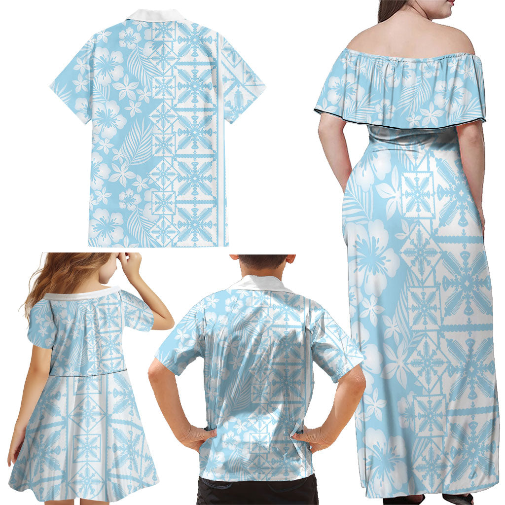Pastel Blue Kahili Quilt Hawaii Family Matching Off Shoulder Maxi Dress and Hawaiian Shirt Tropical Flower Seamless Half Style