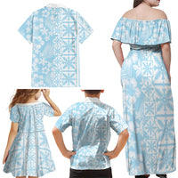 Pastel Blue Kahili Quilt Hawaii Family Matching Off Shoulder Maxi Dress and Hawaiian Shirt Tropical Flower Seamless Half Style