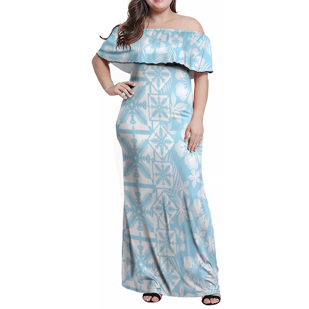 Pastel Blue Kahili Quilt Hawaii Family Matching Off Shoulder Maxi Dress and Hawaiian Shirt Tropical Flower Seamless Half Style