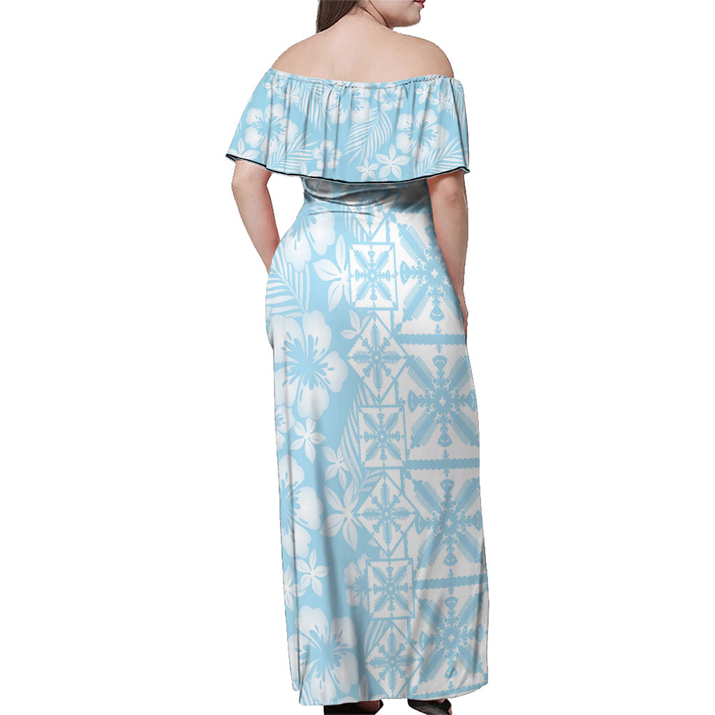 Pastel Blue Kahili Quilt Hawaii Family Matching Off Shoulder Maxi Dress and Hawaiian Shirt Tropical Flower Seamless Half Style