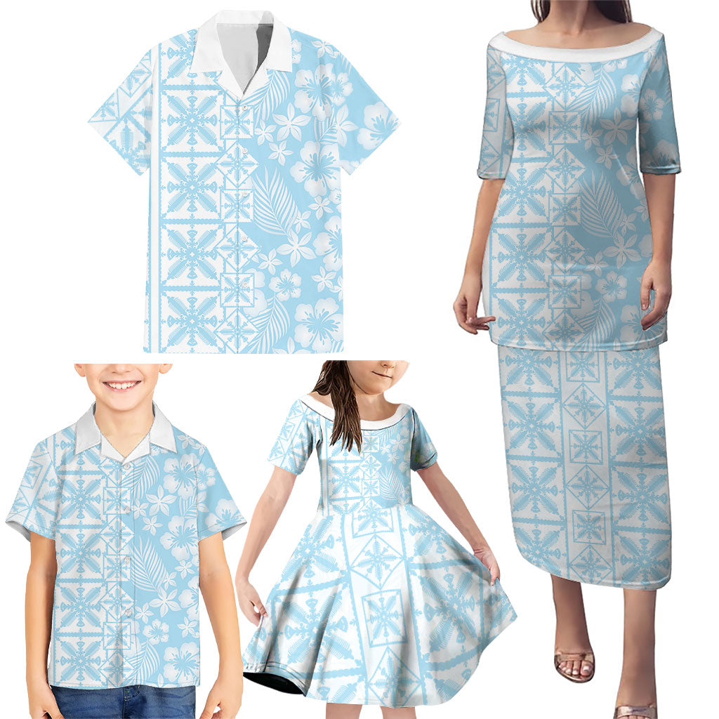Pastel Blue Kahili Quilt Hawaii Family Matching Puletasi and Hawaiian Shirt Tropical Flower Seamless Half Style