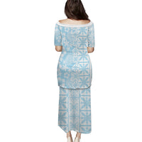 Pastel Blue Kahili Quilt Hawaii Family Matching Puletasi and Hawaiian Shirt Tropical Flower Seamless Half Style